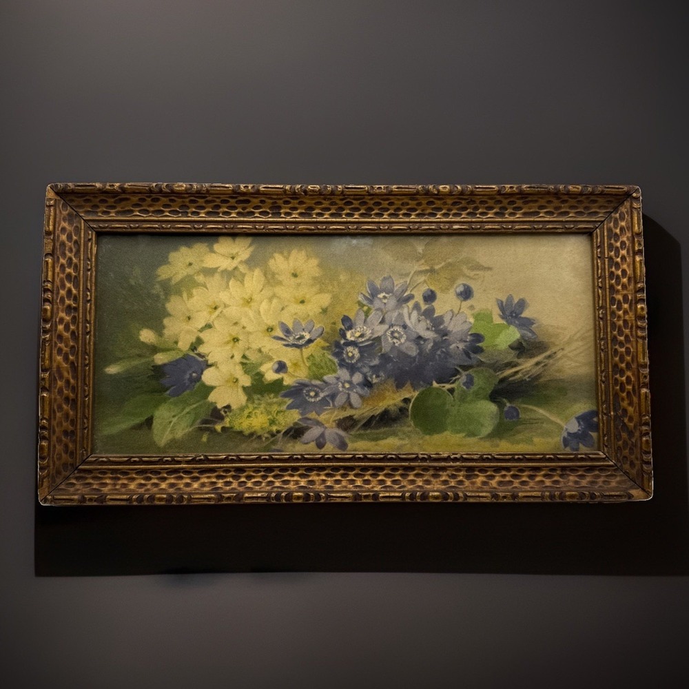 Antique Emilie Vouga Floral Print Primroses Basket of Gold Swiss Frame Stamped